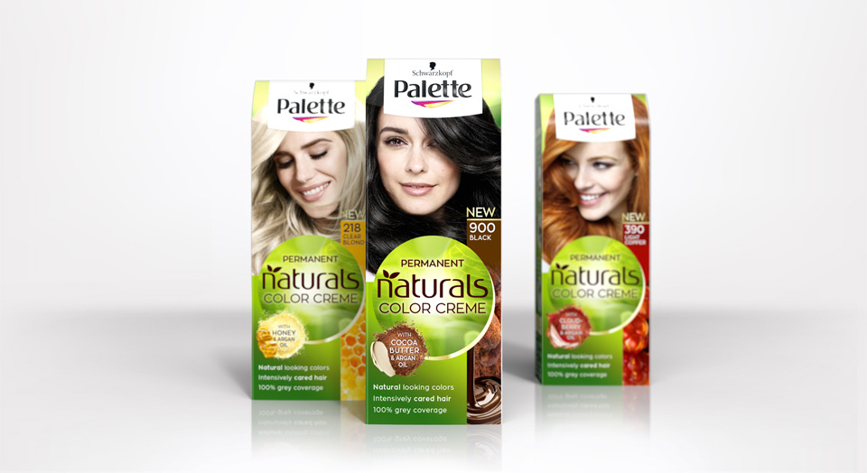 Three packs with the new packaging design 2018 of Schwarzkopfs brand Palette Natural Color Creme are standing in perspective