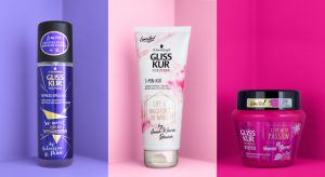 Scene of three Schwarzkopf Gliss Kur packaging design of hair styling products hosted by famous influencer