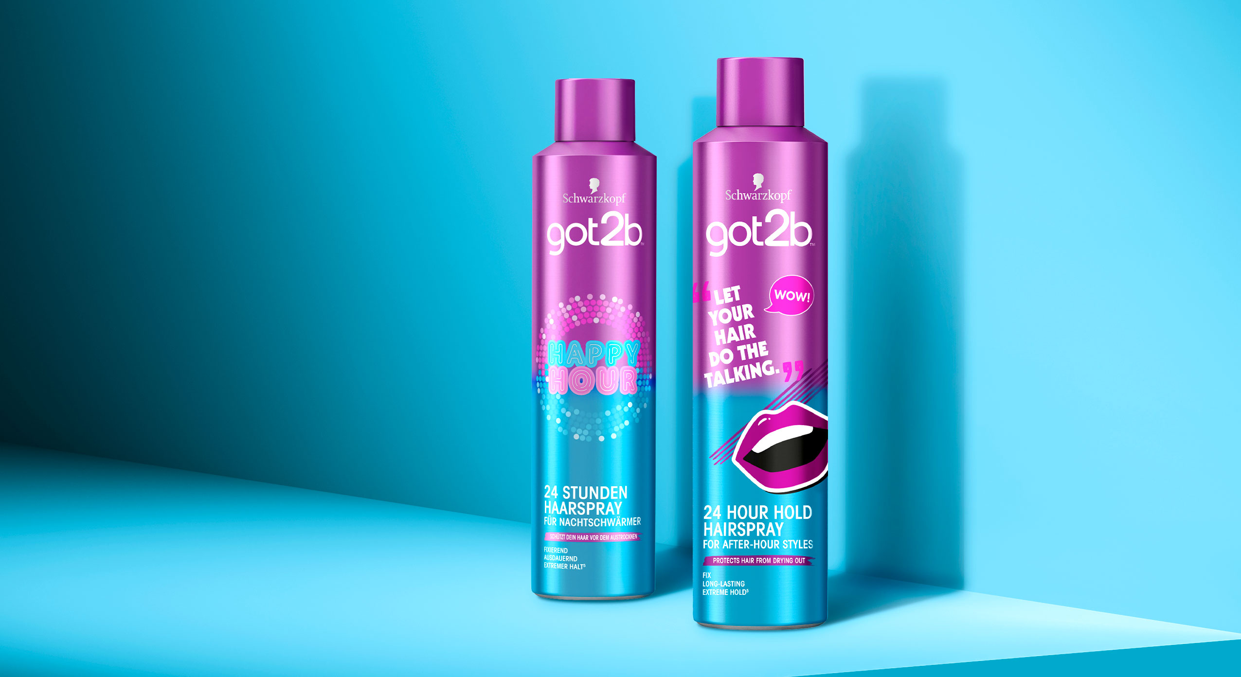 Schwarzkopf Got2b, Happy Hour Hairspray (left) and Happy Hour Hairspray limited Edition 2021 (right, developed with baries design)